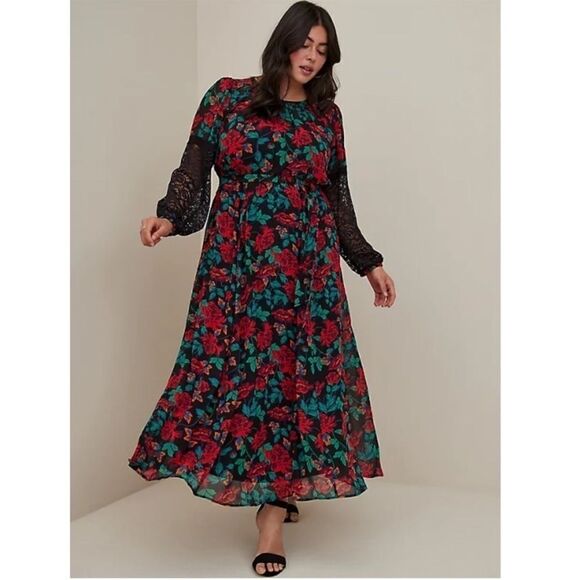 Torrid Red Black Floral Lace Sleeve Print Design Peasant Boho Maxi Dress - Picture 1 of 16